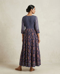 Indigo Blue Floral Printed Cotton Tiered Anarkali Kurta 2