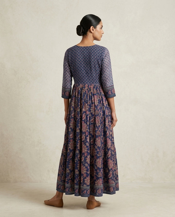 Indigo Blue Floral Printed Cotton Tiered Anarkali Kurta