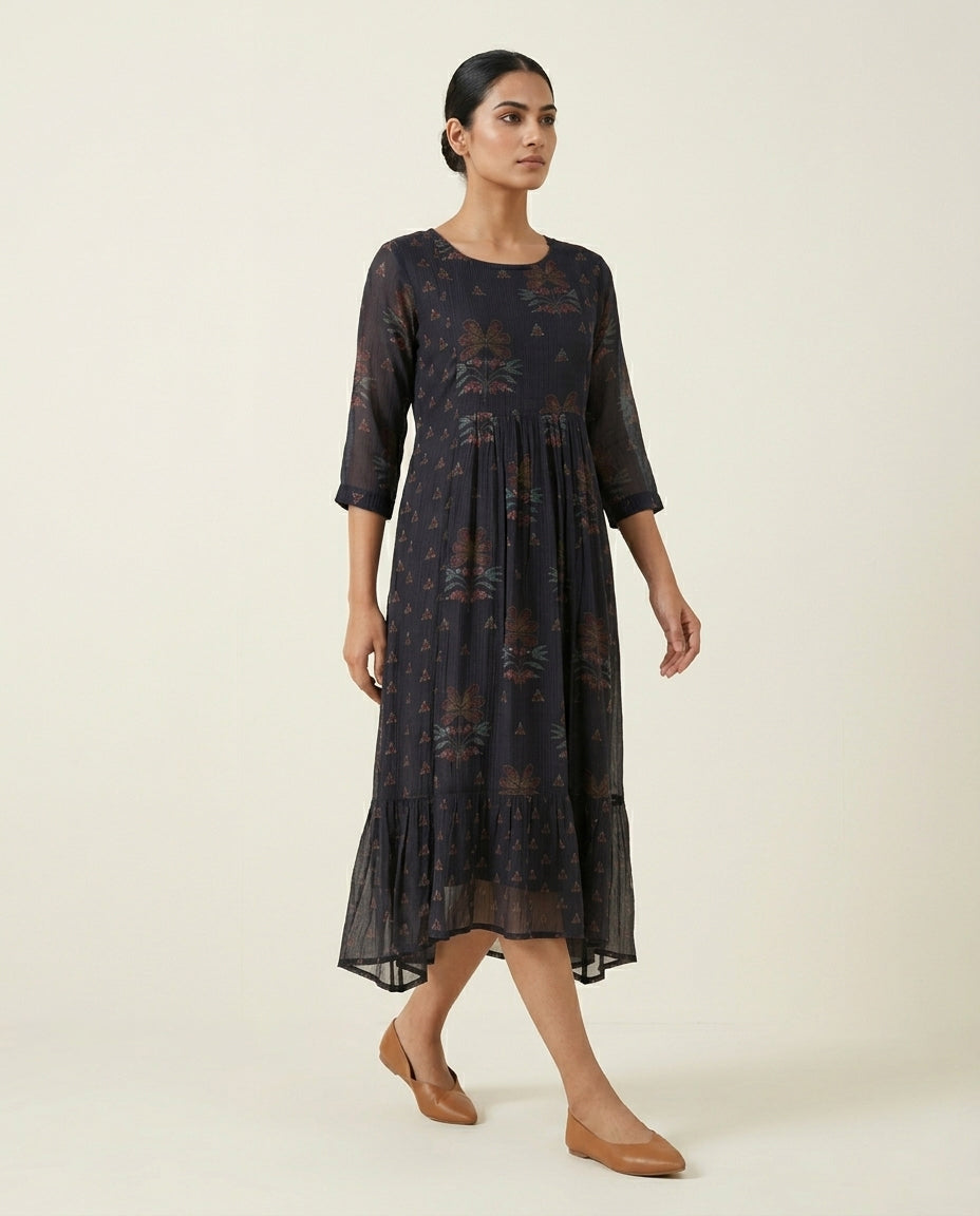 Indigo "Floral Shadow" Printed Georgette Tiered Midi Dress
