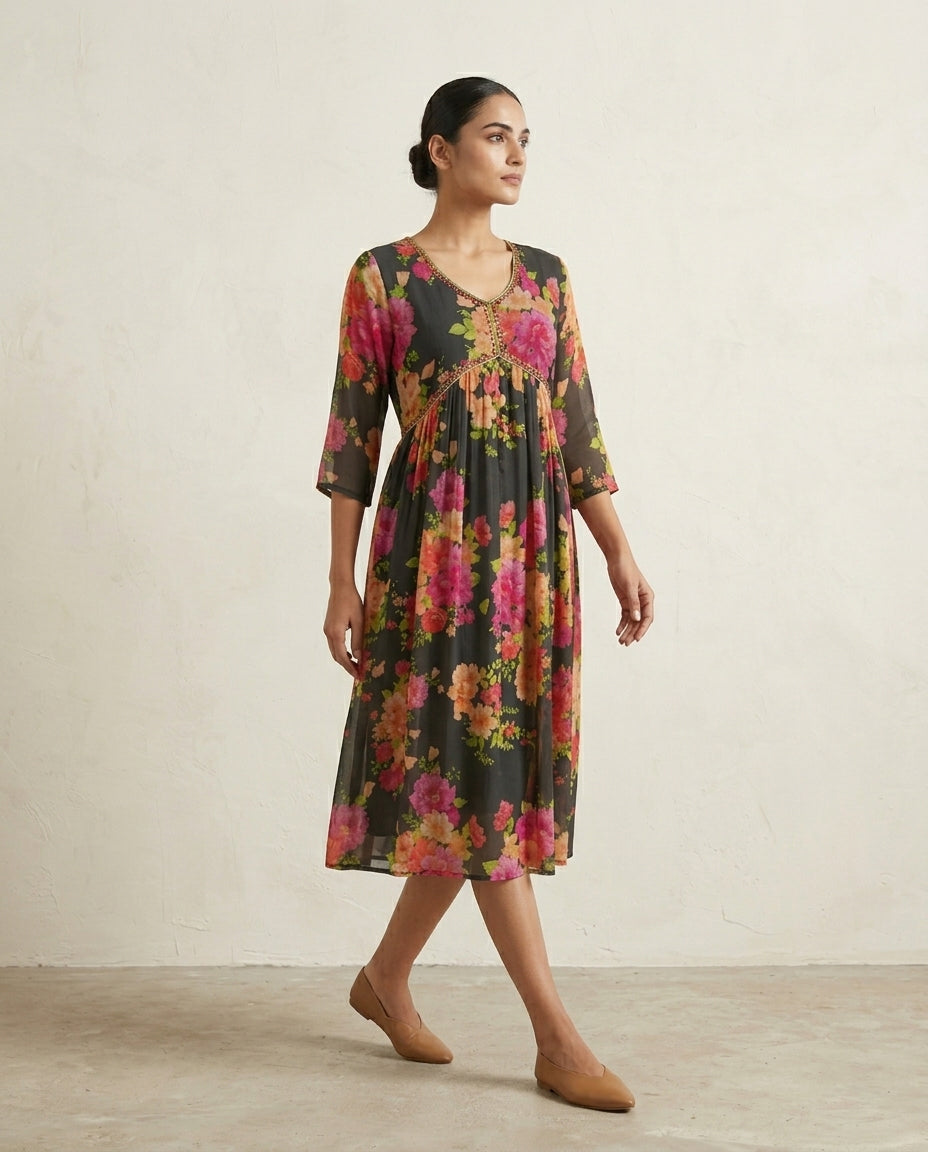 Charcoal Black All-Over Vibrant Floral Printed Cotton Anarkali Kurta
