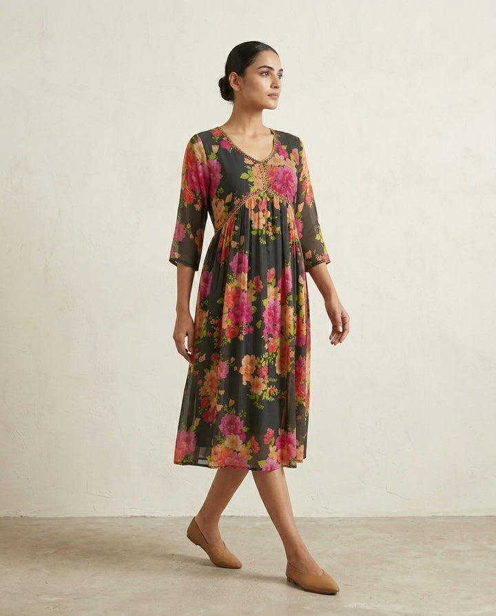 Charcoal Black All-Over Vibrant Floral Printed Cotton Anarkali Kurta