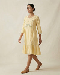 Lemon Yellow Embroidered Floral Cotton Tunic Dress 1