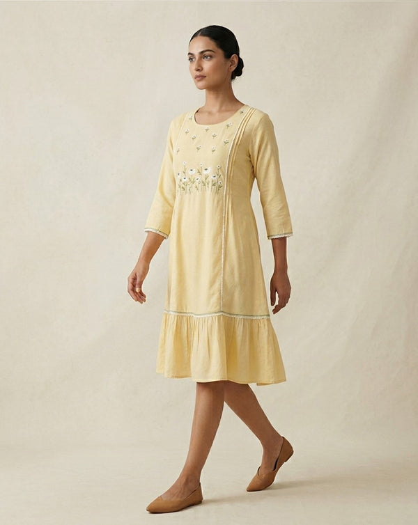 Lemon Yellow Embroidered Floral Cotton Tunic Dress