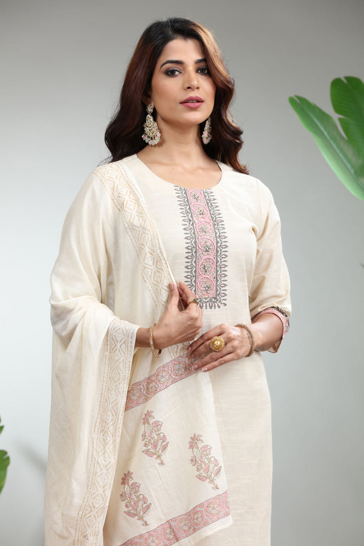 OFF WHITE 3 PIECE SUIT SET WITH DUPATTA,GO-748