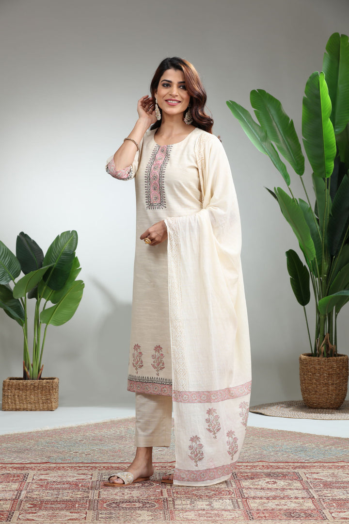 OFF WHITE 3 PIECE SUIT SET WITH DUPATTA,GO-748