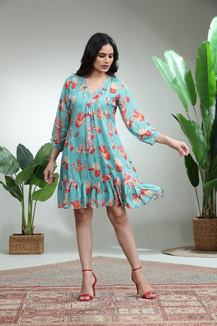 Blue Printed Flare Dress,GO-750