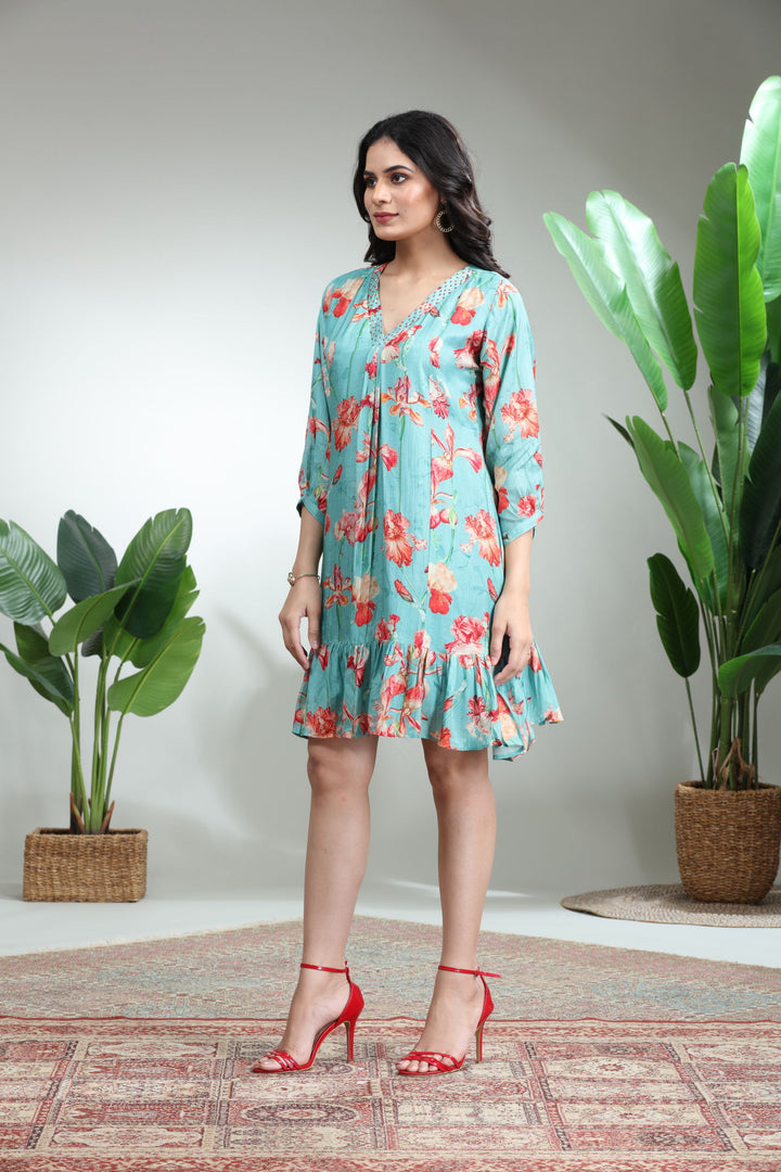 Blue Printed Flare Dress,GO-750