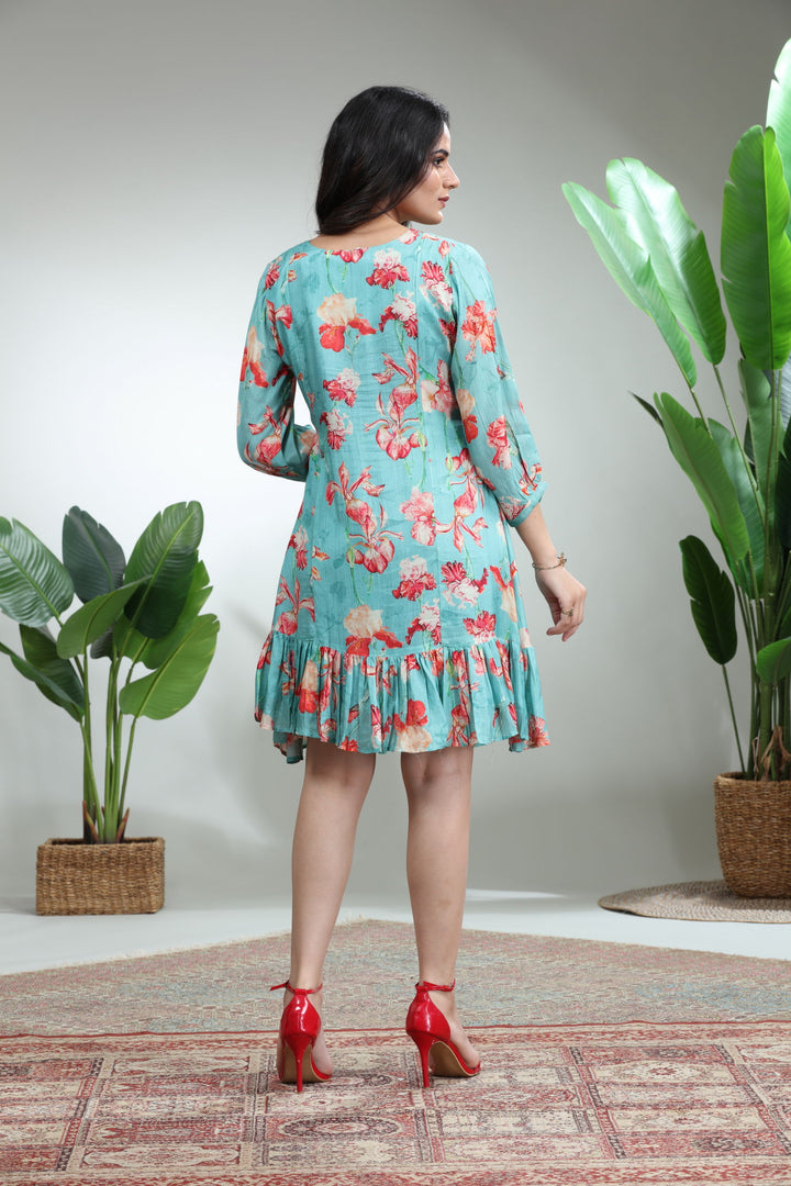 Blue Printed Flare Dress,GO-750