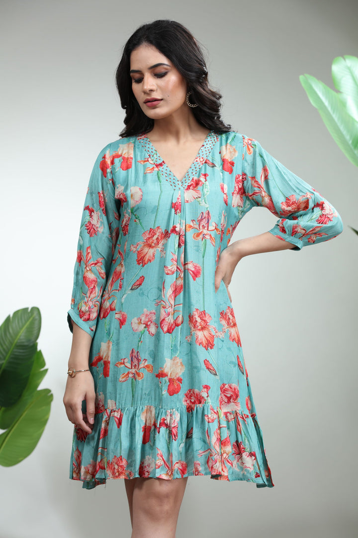 Blue Printed Flare Dress,GO-750