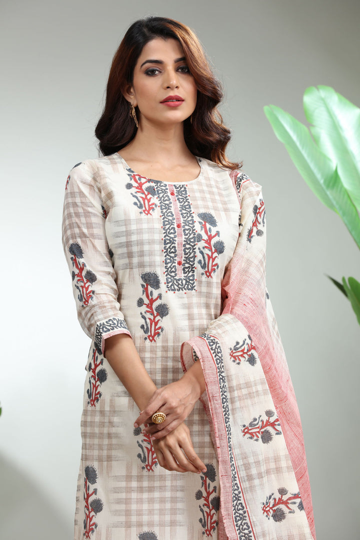 CREAM 3 PIECE SUIT SET WITH DUPATTA,GO-763