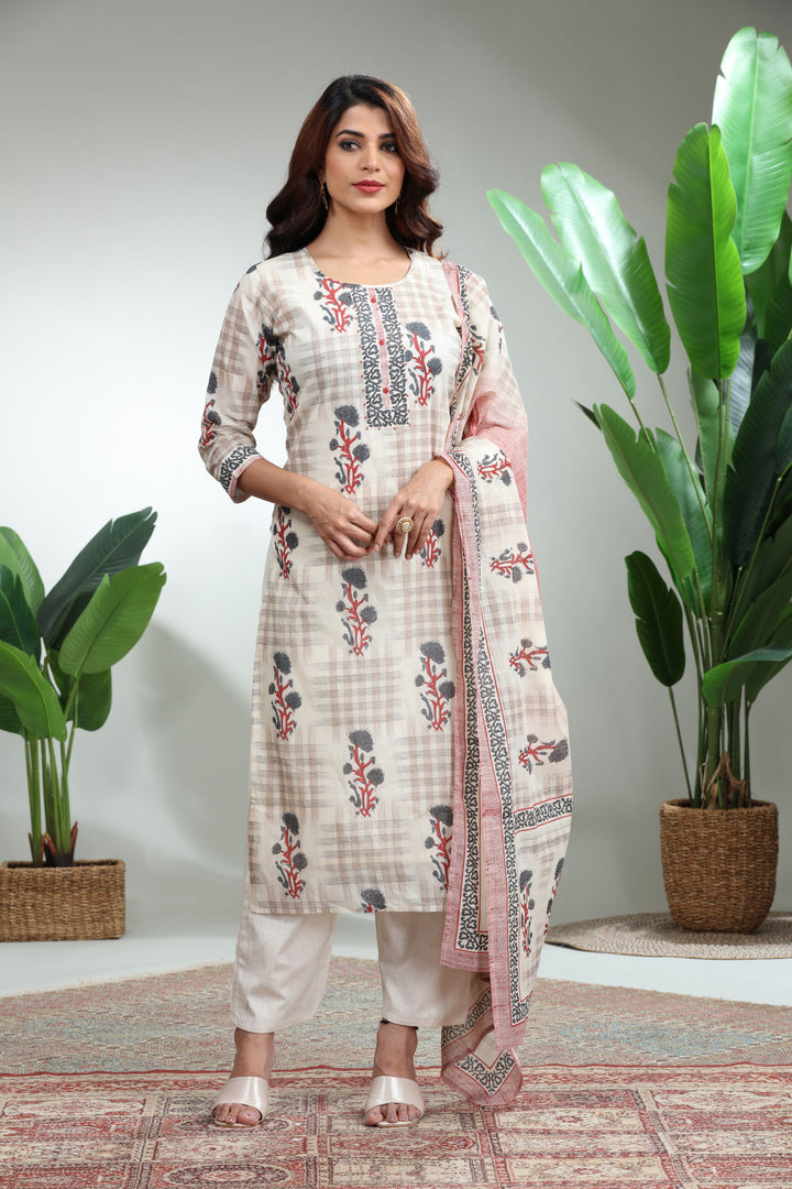 CREAM 3 PIECE SUIT SET WITH DUPATTA,GO-763