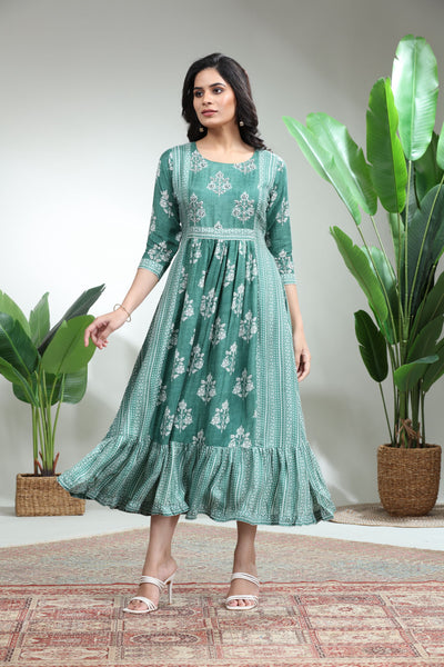 sample dresses Green Printed Flare Dress