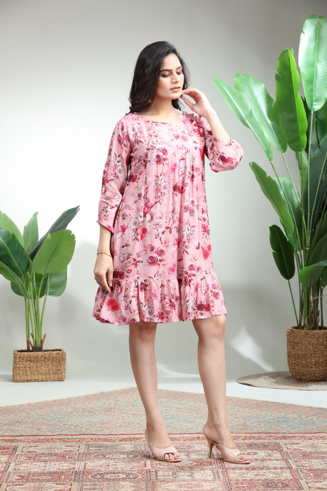 Pink Printed Flare Dress,GO-773