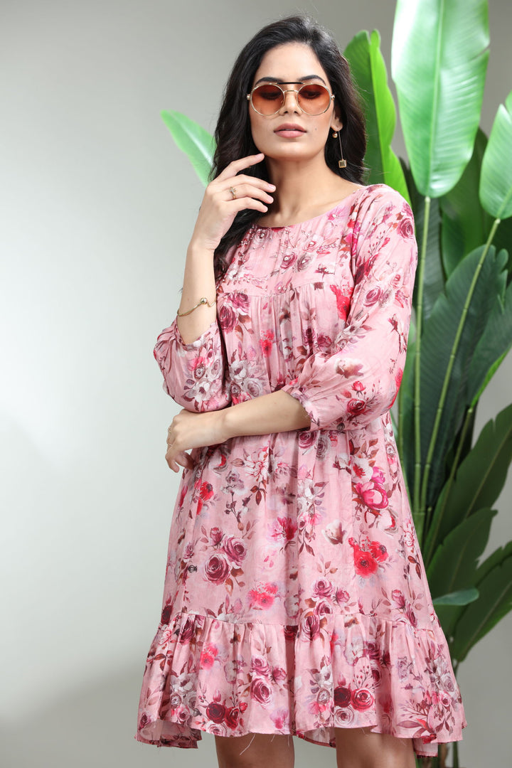 Pink Printed Flare Dress,GO-773