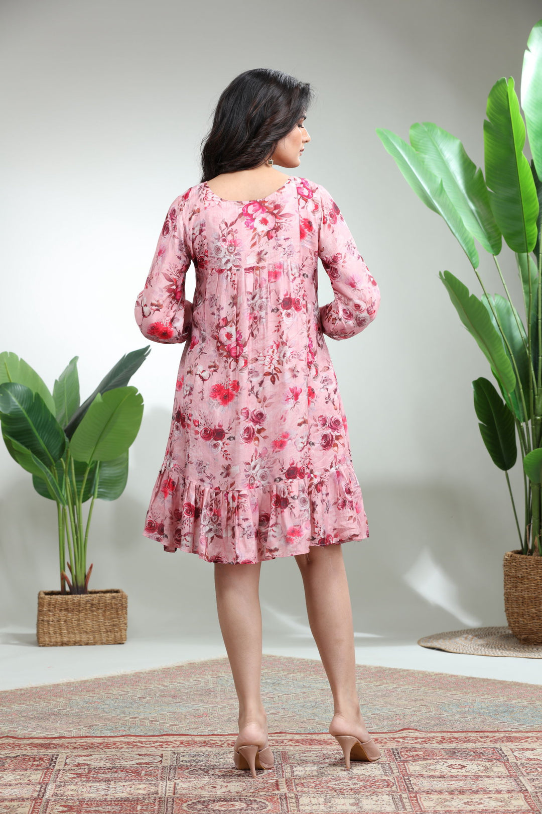 Pink Printed Flare Dress,GO-773