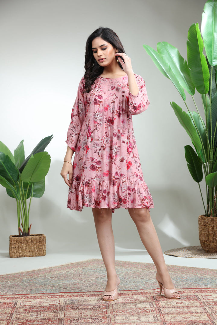 Pink Printed Flare Dress,GO-773