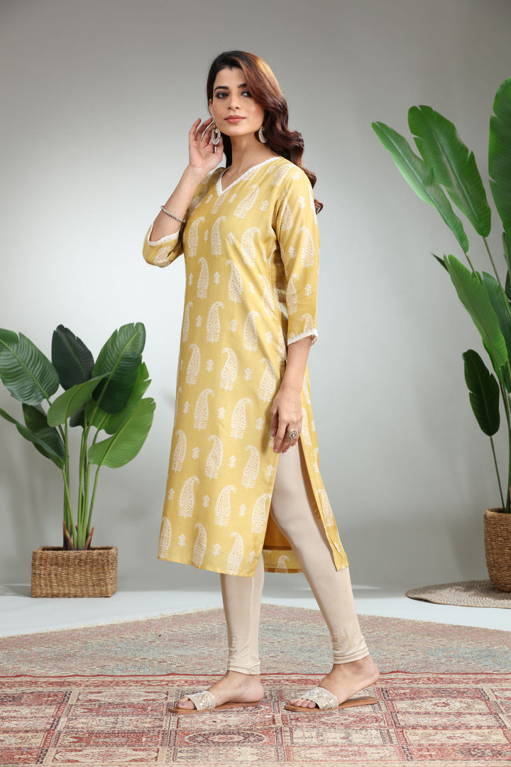 Yellow Printed Straight Kurti,GO-826
