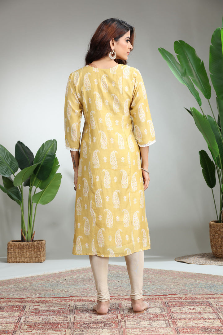 Yellow Printed Straight Kurti,GO-826