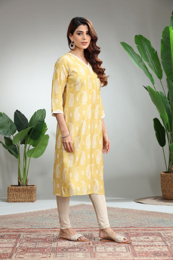 Yellow Printed Straight Kurti,GO-826