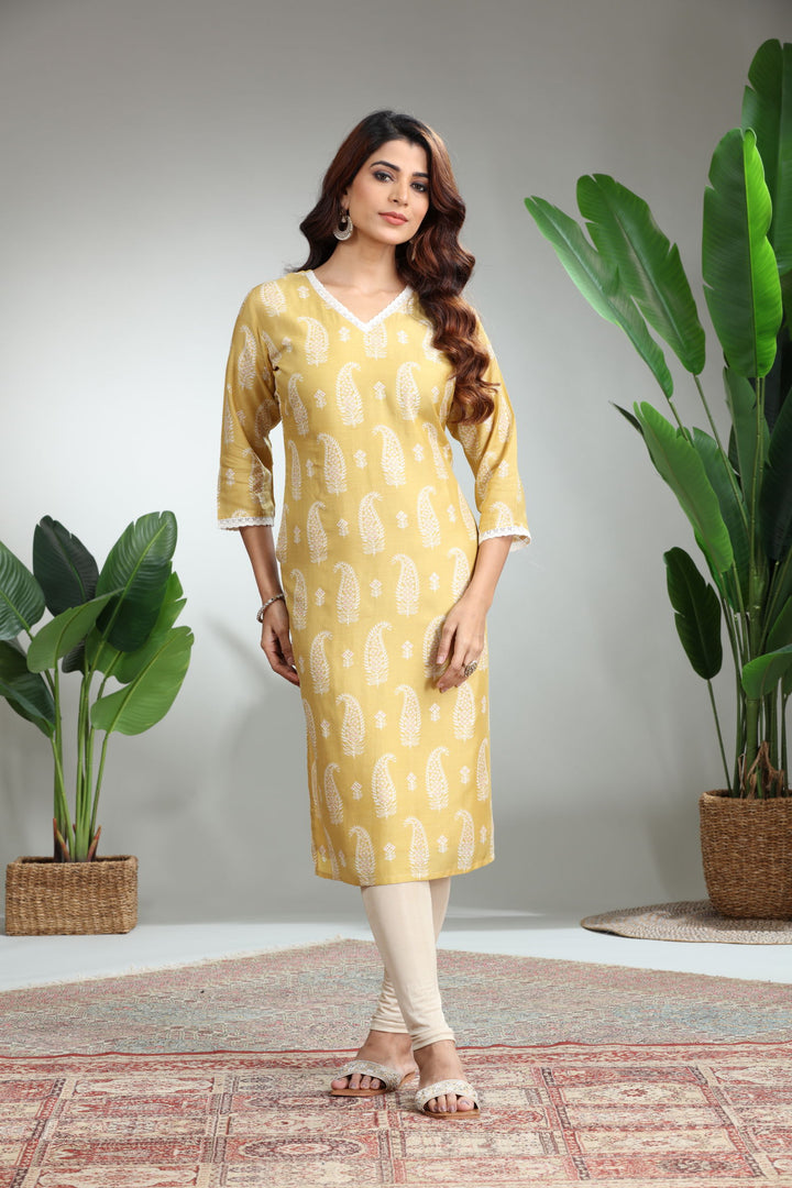 Yellow Printed Straight Kurti,GO-826