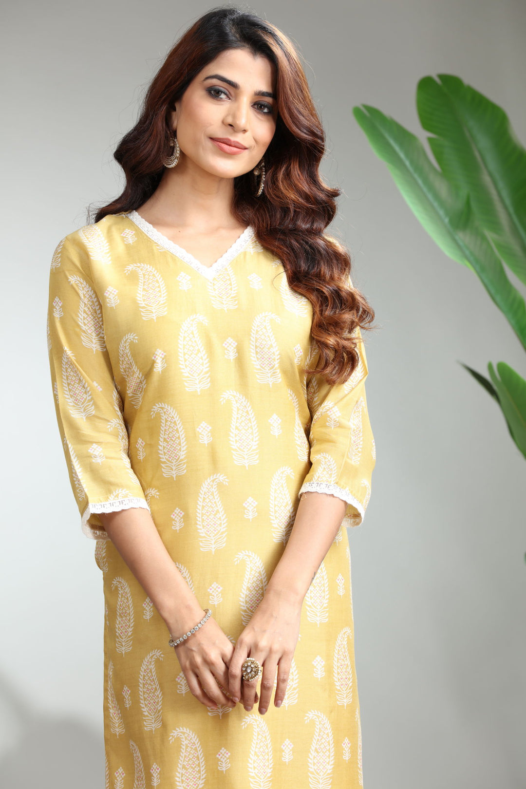 Yellow Printed Straight Kurti,GO-826