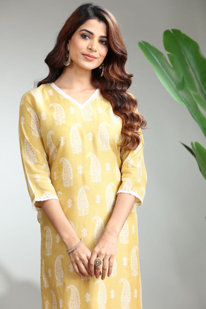 Yellow Printed Straight Kurti,GO-826