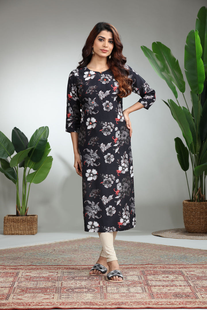 Black Printed Straight Kurti,GO-830