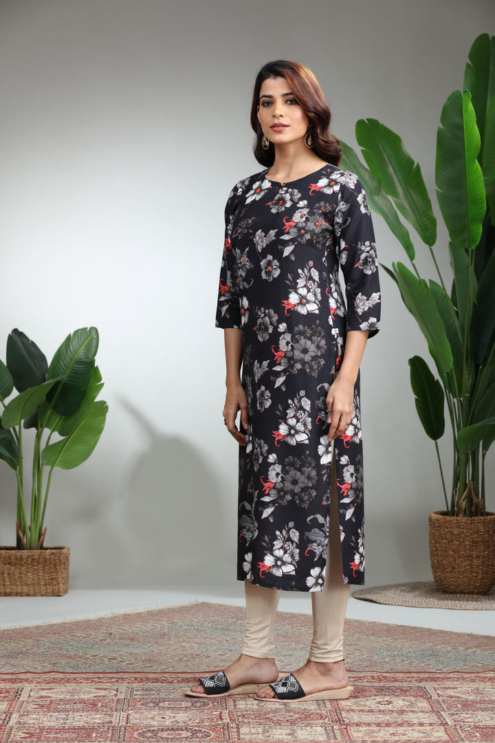 Black Printed Straight Kurti,GO-830