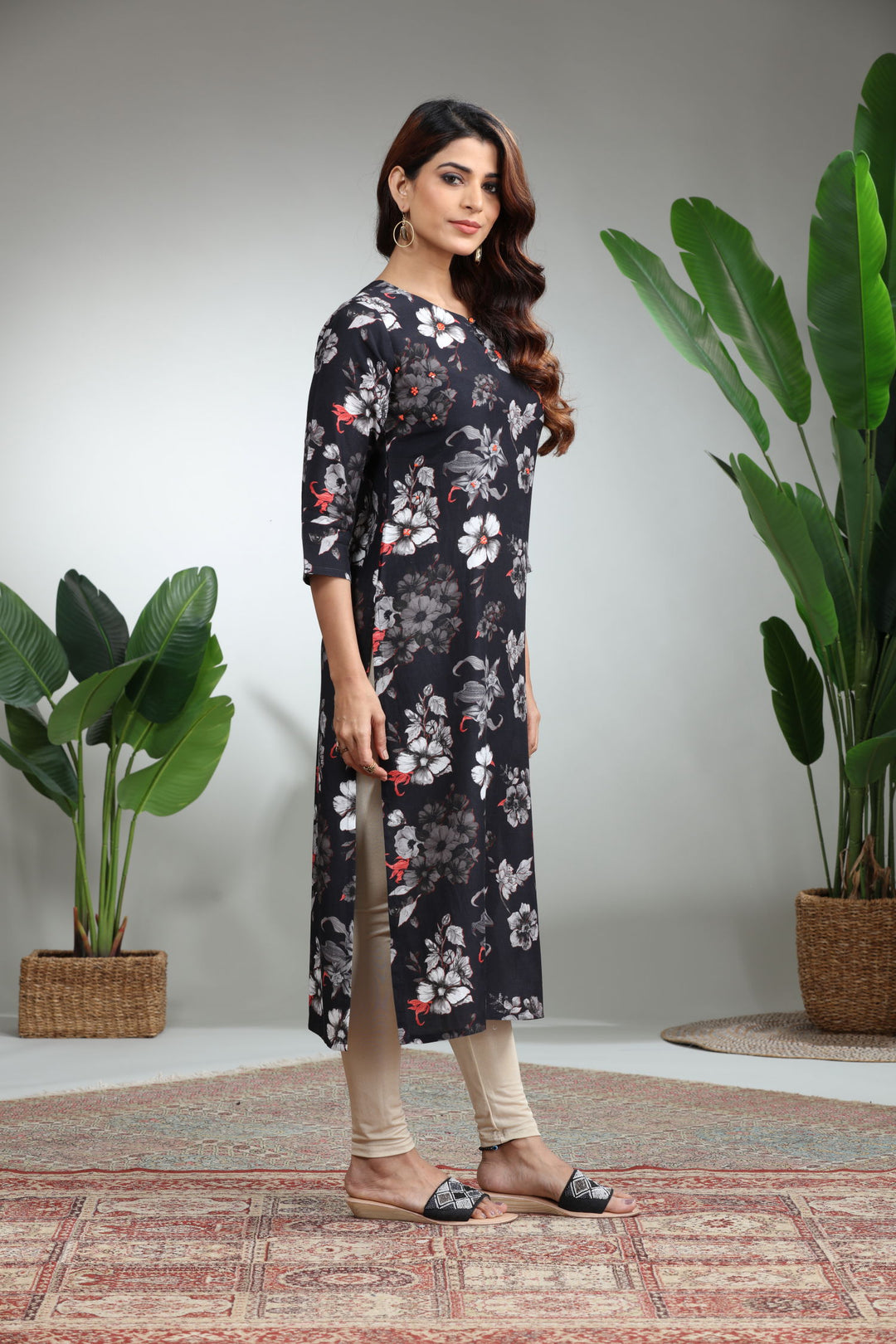 Black Printed Straight Kurti,GO-830