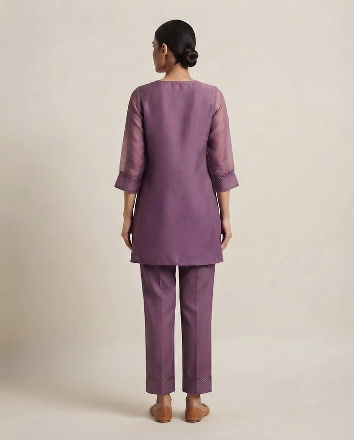 Plum Purple "Amethyst Bloom" Embroidered Cotton Kurta &amp; Pant Set