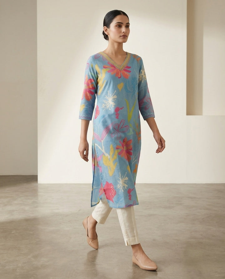 Sky Blue "Meadow Breeze" Floral Print Cotton Kurta (Standalone)