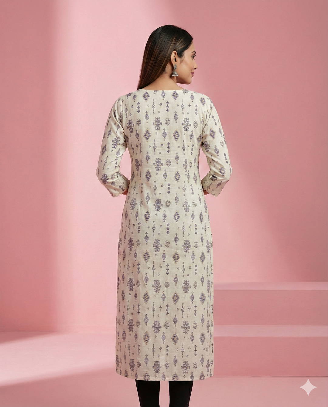 Off White Geometric Printed Flex Linen Kurti
