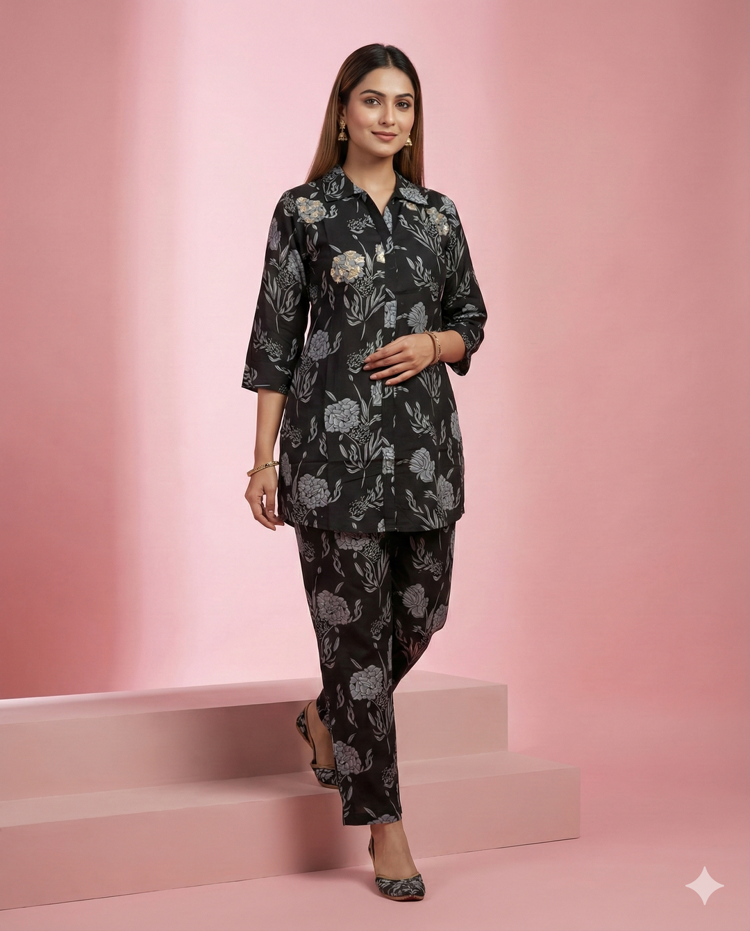 Black Floral Printed Maslin Tunic Co-ord Set