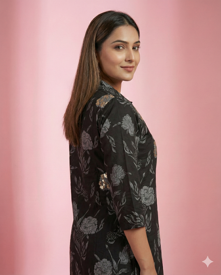 Black Floral Printed Maslin Tunic Co-ord Set