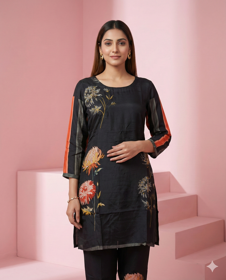 Black Floral Printed Muslin Tunic Co-ord Set