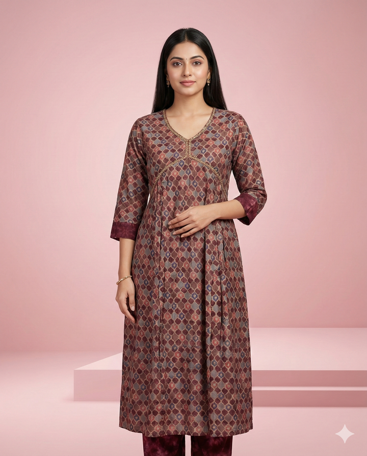 Onion Pink Geometric Printed Modal Chanderi Kurti