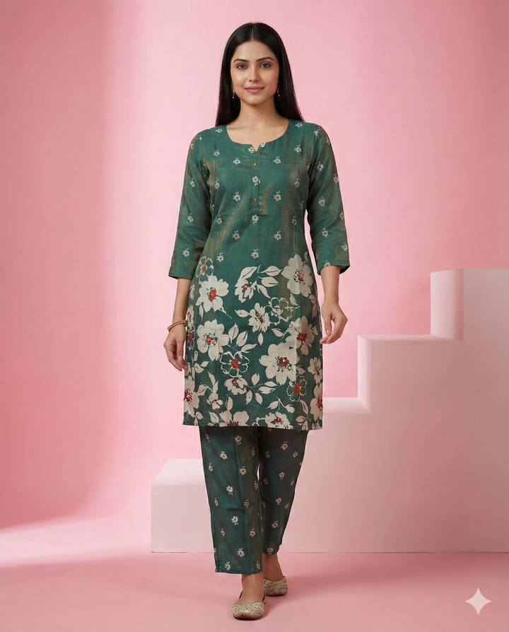 Bottle Green Floral Printed Shimmer Chanderi Co-ord Set