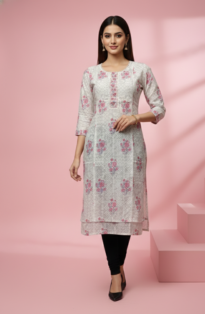 Off White Floral Printed Cotton Dobby Kurti