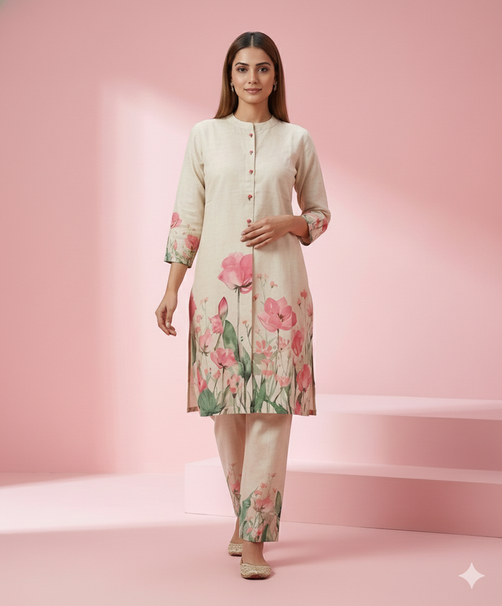 Cream Floral Printed Flex Co-ord Set