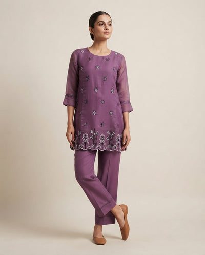 Plum Purple "Amethyst Bloom" Embroidered Cotton Kurta & Pant Set