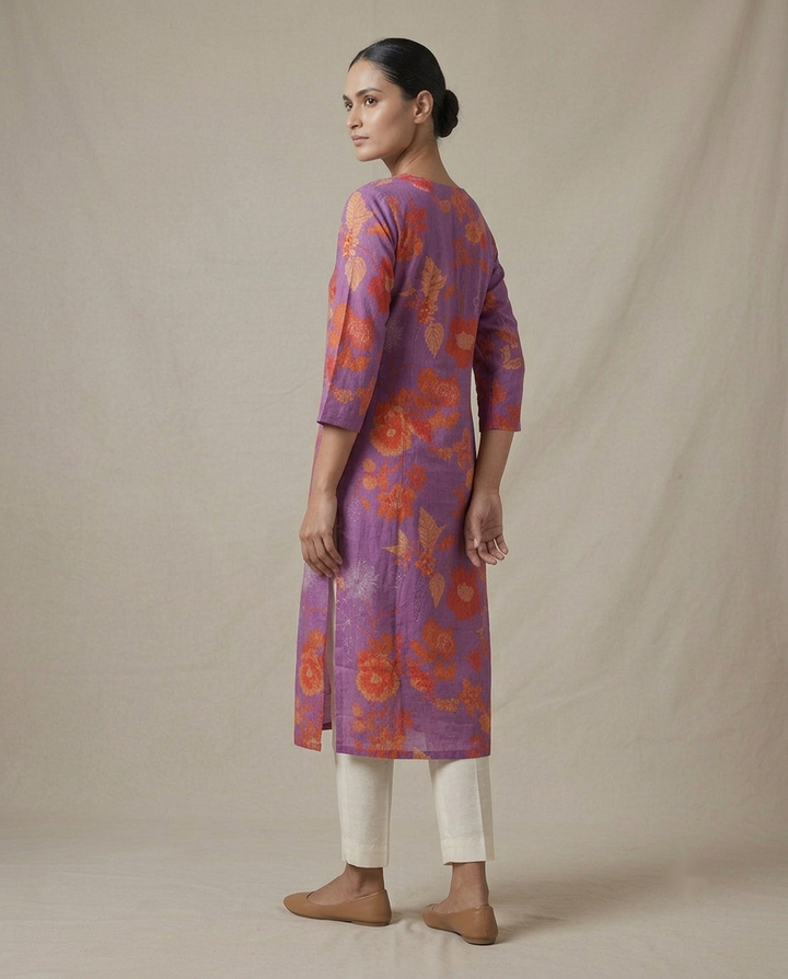 Purple "Royal Florals" Printed Cotton Kurta (Standalone)