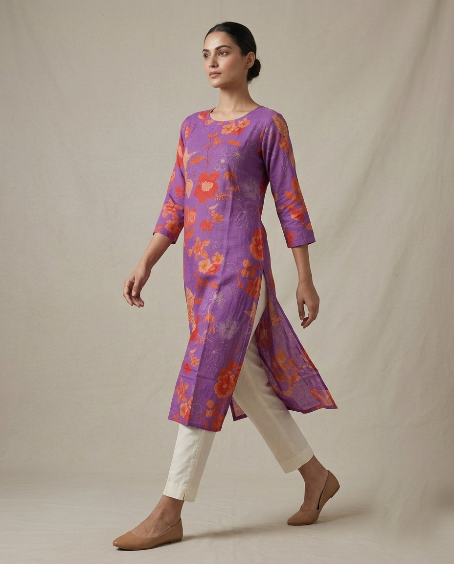 Purple "Royal Florals" Printed Cotton Kurta (Standalone)