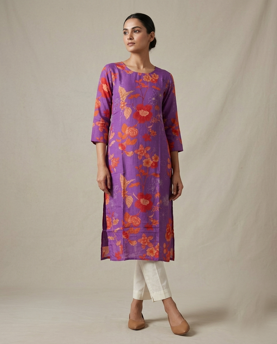 Purple "Royal Florals" Printed Cotton Kurta (Standalone)