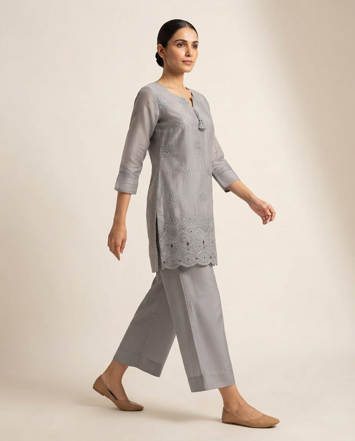 Steel Grey "Urban Chic" Embroidered Cotton Kurta Pant Set