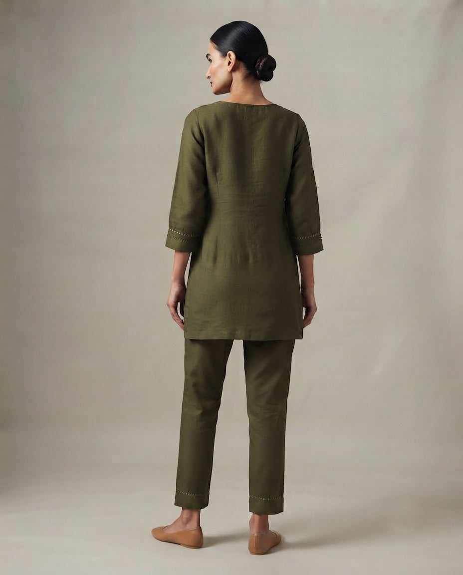 Olive Green "Forest Flora" Embroidered Cotton Kurta Pant Set