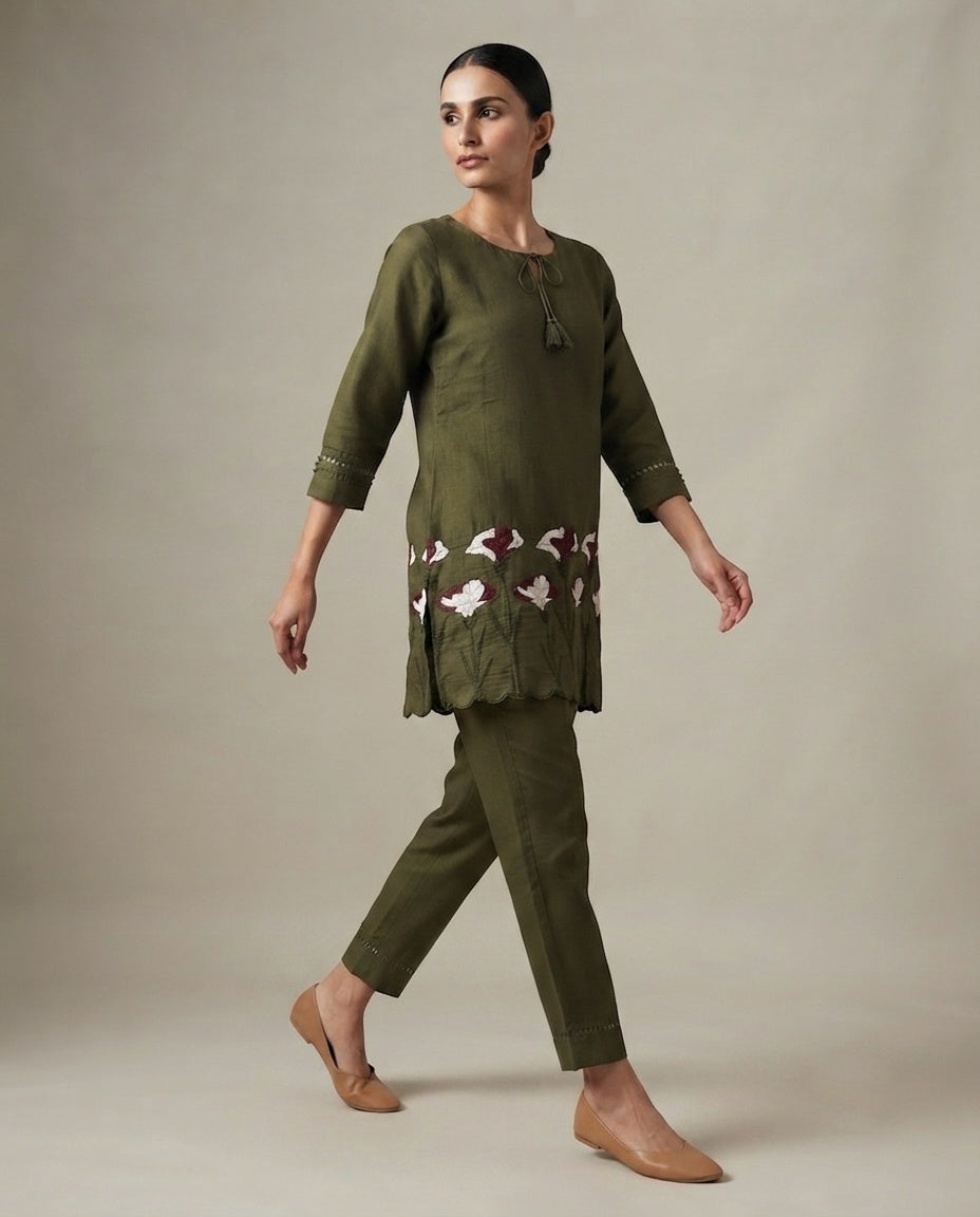 Olive Green "Forest Flora" Embroidered Cotton Kurta Pant Set
