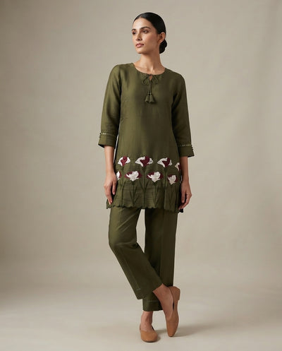 Olive Green "Forest Flora" Embroidered Cotton Kurta Pant Set