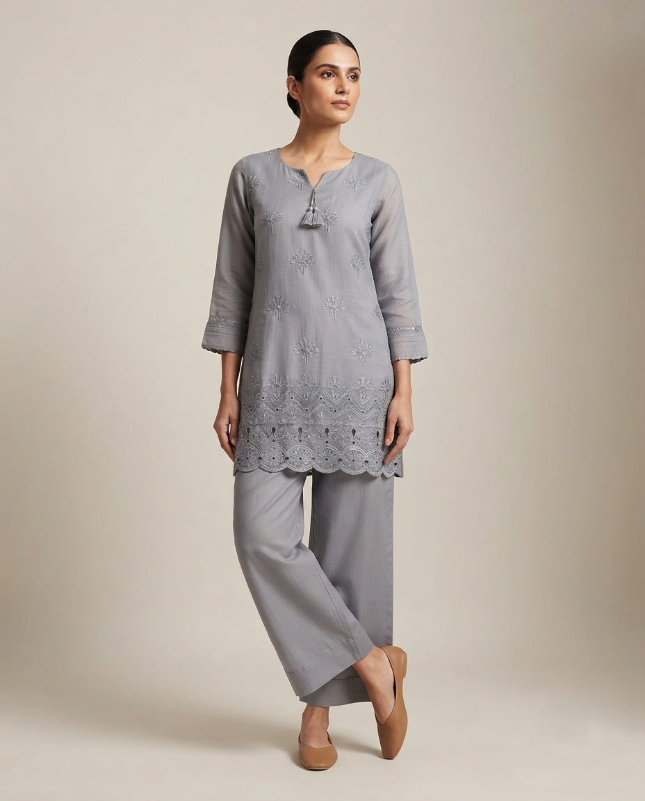Steel Grey "Urban Chic" Embroidered Cotton Kurta Pant Set