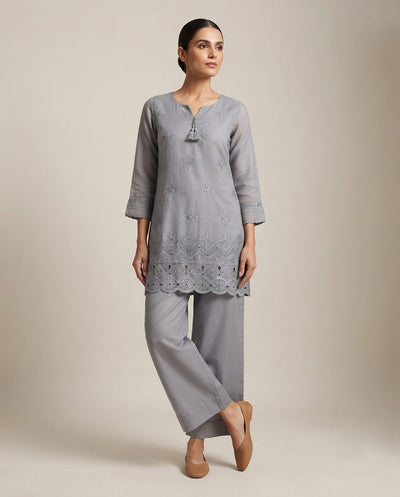 Steel Grey "Urban Chic" Embroidered Cotton Kurta Pant Set