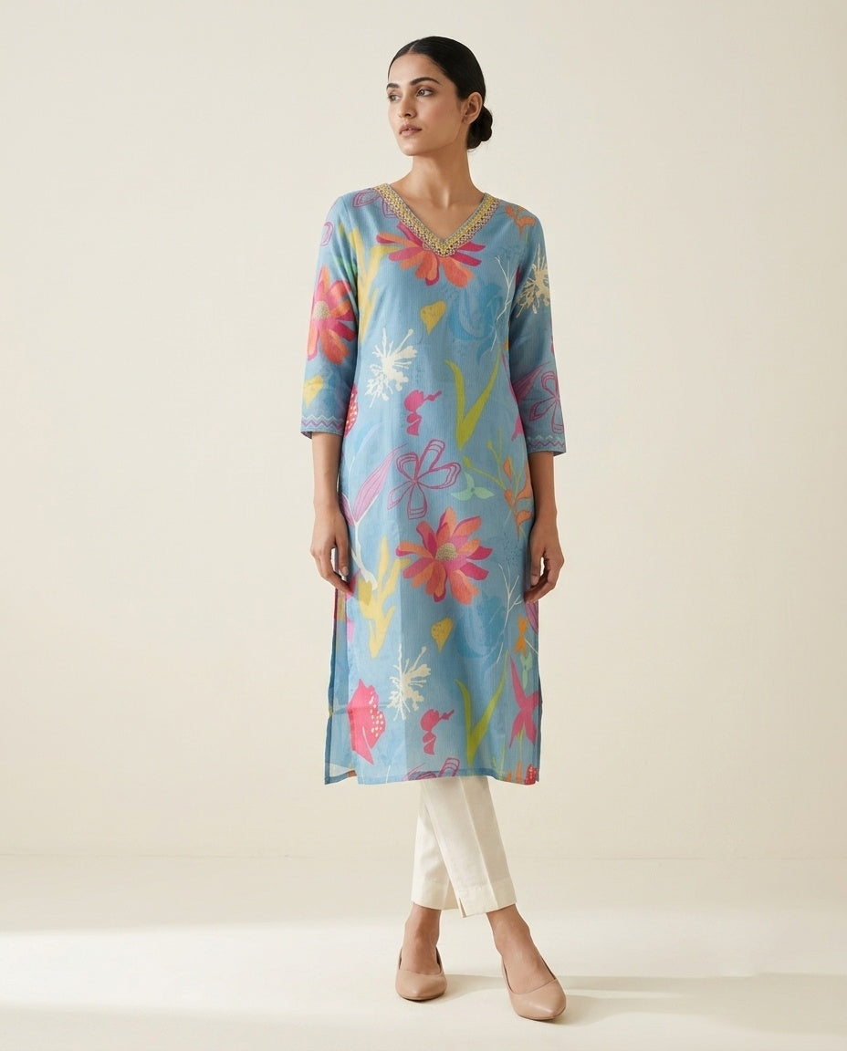 Sky Blue "Meadow Breeze" Floral Print Cotton Kurta (Standalone)